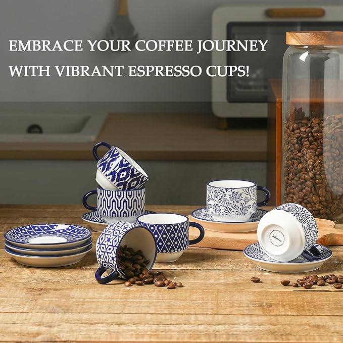 Selamica Ceramic Espresso Cups with Saucers, 2.5 OZ Stackable Demitasse Cups with Metal Stand, Mini Espresso Mugs for Latte Coffee Café Mocha Tea, Set of 6, Vintage Blue