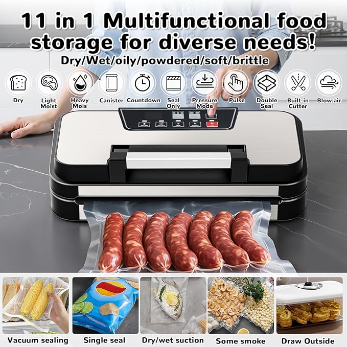 95Kpa Powerful Vacuum Sealer Machine, 11-in-1 Automatic Food Sealer with Double Seal, Built-in Cutter & Bag Storage, for Dry Moist Food Preservation, Extend Freshness 8X Longer