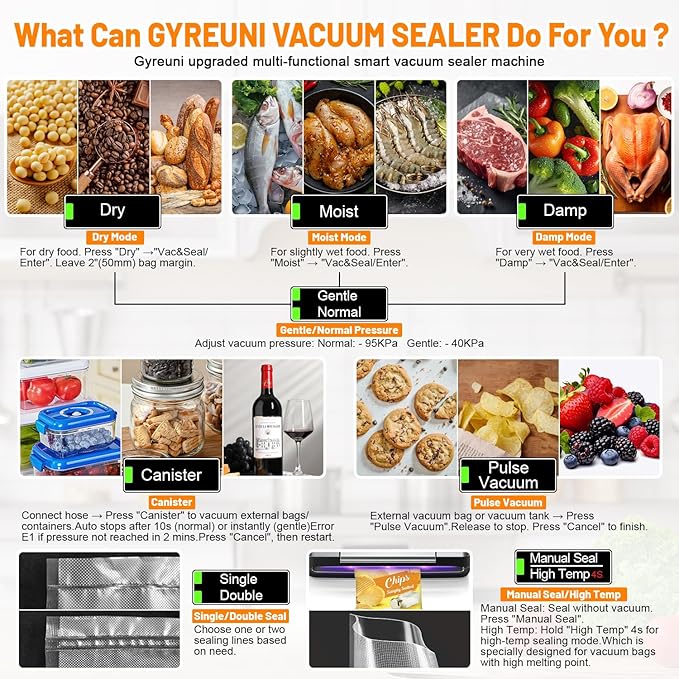 95Kpa Vacuum Sealer Machine for Food with Bags, 12-in-1 Food Saver Vacuum Sealer with Double Heat Seal, Built-in Cutter,Accessory Hose, Bag Storage,10 Bags, 1 Bag Roll & Marker Pen,App Control