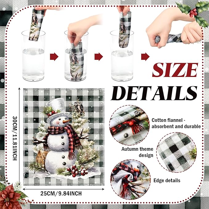 36 Pcs Christmas Reusable Paper Towels Rolls Washable Bulk Winter Christmas Snowman Snowflake Black White Plaid Dish Towels Paperless Cloth Cotton Napkins with Cardboard for Kitchen Bathroom