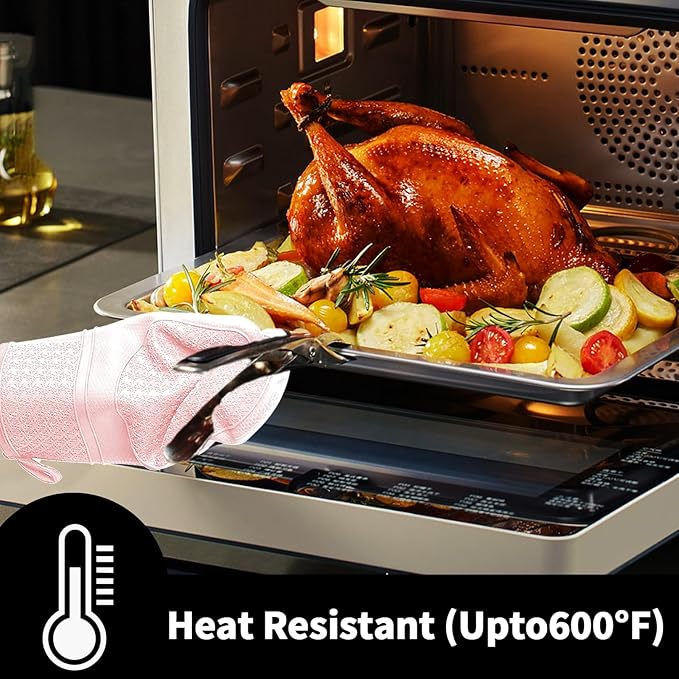 Hovico Silicone Oven Mitts, Heat Resistant 500F Kitchen Mitts 2PCS, 11.6" BPA-Free Soft Baking Gloves, Non-Slip Grip Oven Gloves with Soft Cotton Lining for Kitchen Cooking Baking BBQ - Pink