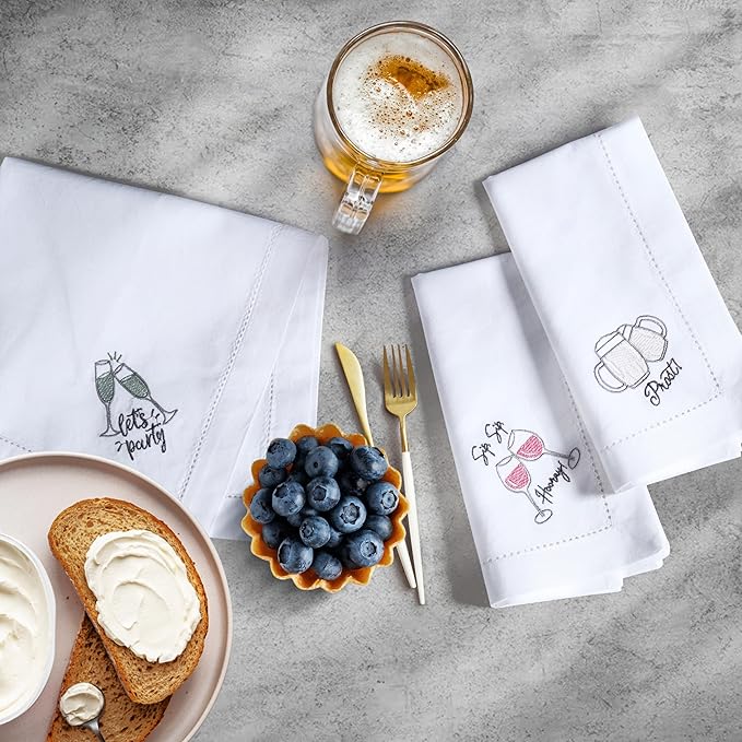 Bedding Craft Cotton Cloth Dinner Napkins Set of 12 – 18x18 Embroidered Motif with Decorative Hemstitch – Machine Washable Fabric Napkins for Weddings, Baby Showers, Christmas & Parties