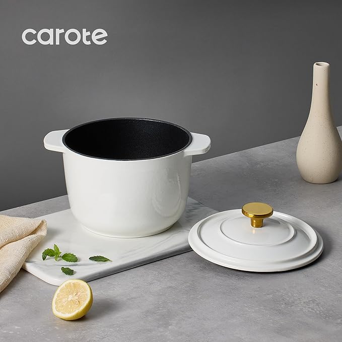 CAROTE 2QT Enameled Cast Iron Dutch Oven Pot with Lid, Mini Round Dutch Oven for Small Sourdough Bread, Stews, Soups, Sauces, Beans, Rice, Serves 1-2, Dual Handles, Healthy & Non-Toxic, All Stovetop Compatible, Oven Safe up to 500° F, White