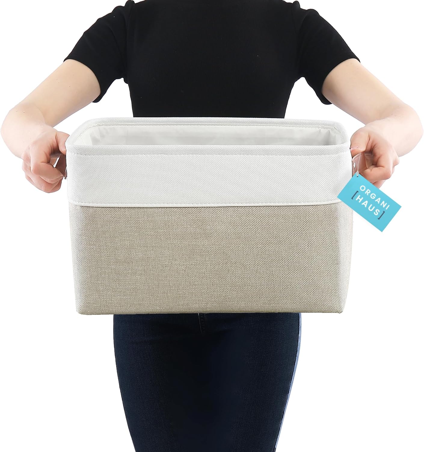 OrganiHaus Large Fabric Storage Baskets for Shelves 3 Pack, 15x11in Closet Storage Bins for Shelves, Cloth Baskets for Organizing, Linen Closet Organizers, Fabric Basket, Beige/White