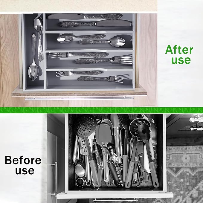 Greenual Gray Silverware Organizer 10 In Utensil Organizer Silverware Tray for Drawer Cutlery Flatware Organizer for Kitchen Bamboo Wood