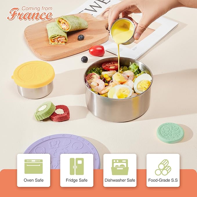 Stainless Steel Food Container, Set of 6, Nesting Bowls with Colorful Lids, stackable leakproof Metal Lunch Box Set for Kids, Daycare, School, Travel. Sauce Salad dressing Container to go (Serenity)