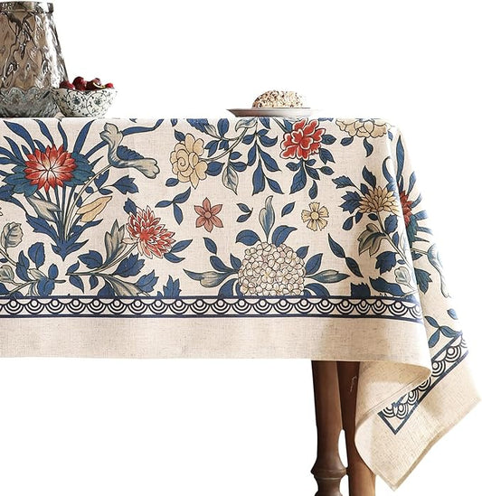 patdrea Designer Blue Tablecloth for Rectangle Tables,Vintage Linen with Leaves and Flowers Pattern Tablecloths,Farmhouse Floral Table Cover Cloth Decor for Kitchen Dining Christmas,63"*102"