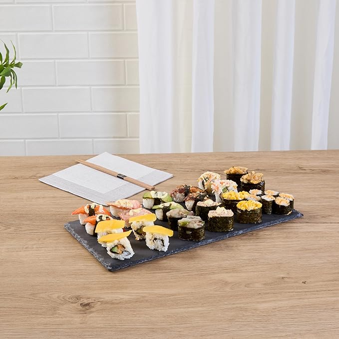 Restaurantware Slate Serving Trays 4 Pack of 15.7" x 7.8" Foam Feet Charcuterie Stone Plates Rustic Edges Freezable Black Serving Display Cheese Boards for Kitchen, Gourmet, Dining, Parties