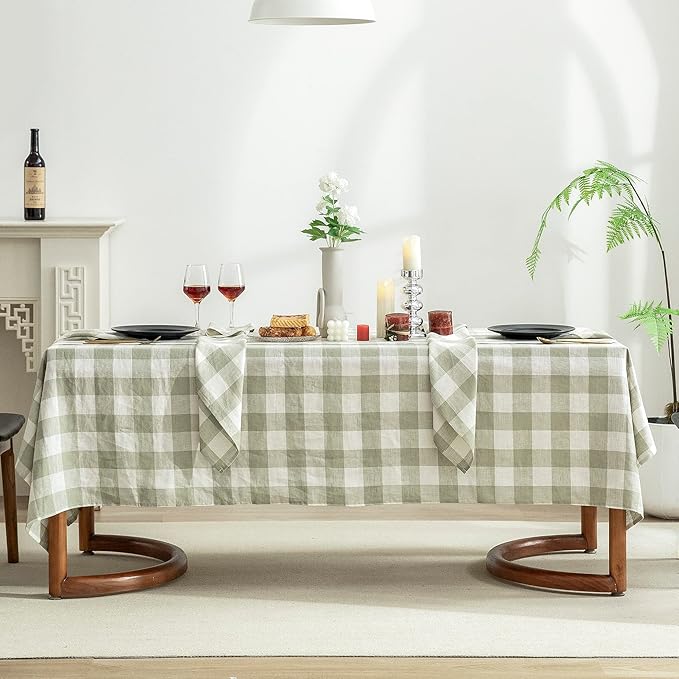 EVERLY 100% Yarn-Dyed Linen Rectangle Tablecloths 60x84Inches for Dining,Buffet Parties,Picnic,Events and Restaurants,Decorative Halloween,Thanksgiving Machine Washable Tablecloths-Sage Green Plaid