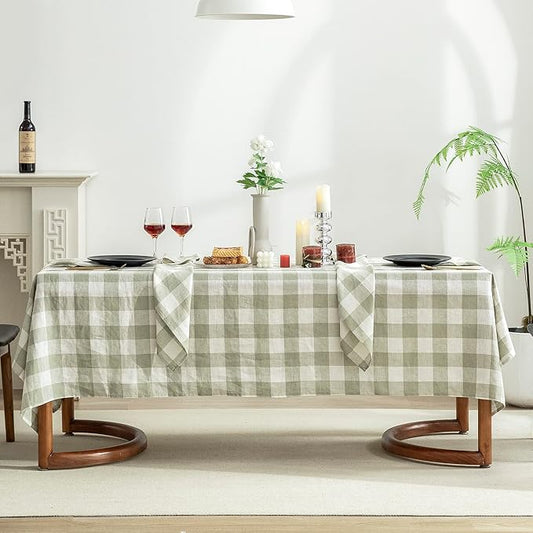 EVERLY 100% Yarn-Dyed Linen Rectangle Tablecloths 60x84Inches for Dining,Buffet Parties,Picnic,Events and Restaurants,Decorative Halloween,Thanksgiving Machine Washable Tablecloths-Sage Green Plaid