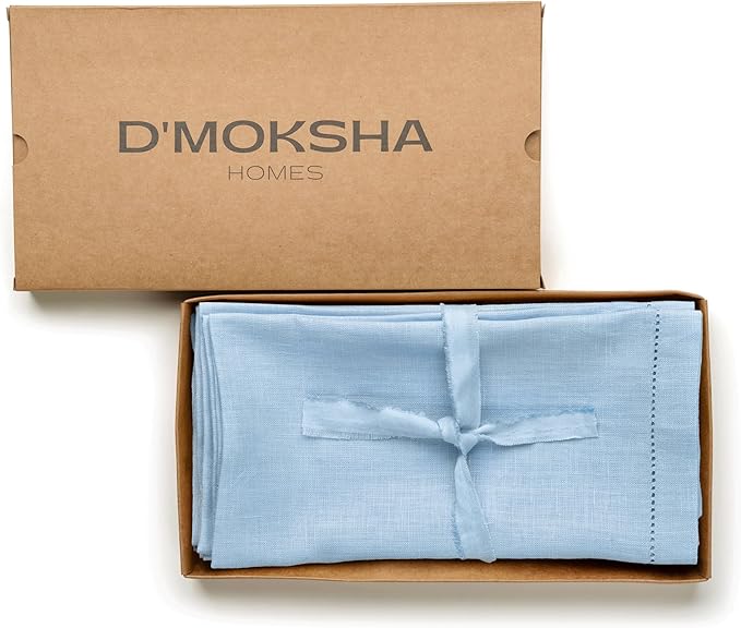 D'Moksha Homes Powder Blue Linen Napkins Set of 8 - Classic Hemstitch 100% Pure Linen Dinner Napkins Cloth 20 x 20 Inch for Fall, Thanksgiving, Holiday - Handcrafted and Machine Washable