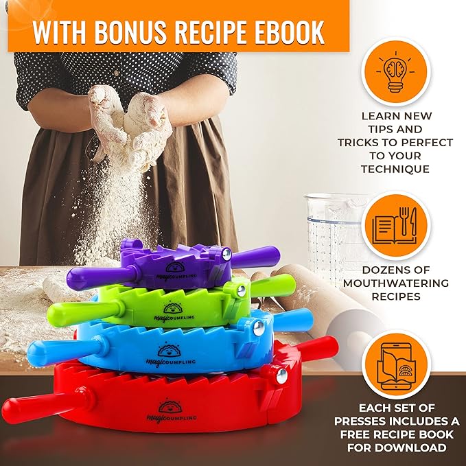 Magic Dumpling Maker Kit, Set of 4 - Mold Ravioli, Empanadas, Momos, Gyozas, Pot Stickers, Jamaican Beef Patties, Pierogi and Calzones - Wonton Dough Press and Pasta Making Tools