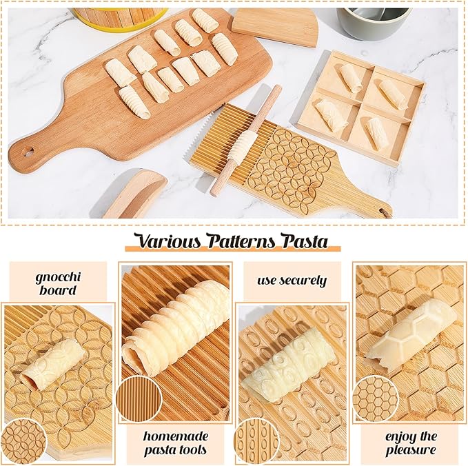 Tioncy 9 Pcs Pasta Making Tool Ravioli Gnocchi Maker Set Include Ravioli Mold Wooden Cutter Rolling Pin Gnocchi Board Wood Stick Dough Scraper Pasta Stamps(Pattern Style)