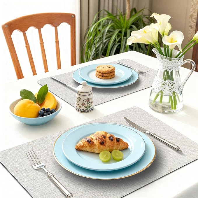 Vinyl Placemats Set of 6-12×17.7 Inch Waterproof & Heattable Placemats, Fall Faux Leather Wipeable Outdoor Table Mat for Dining, Kitchen, Indoor Outdoor Use (Beige, Wood Grain)