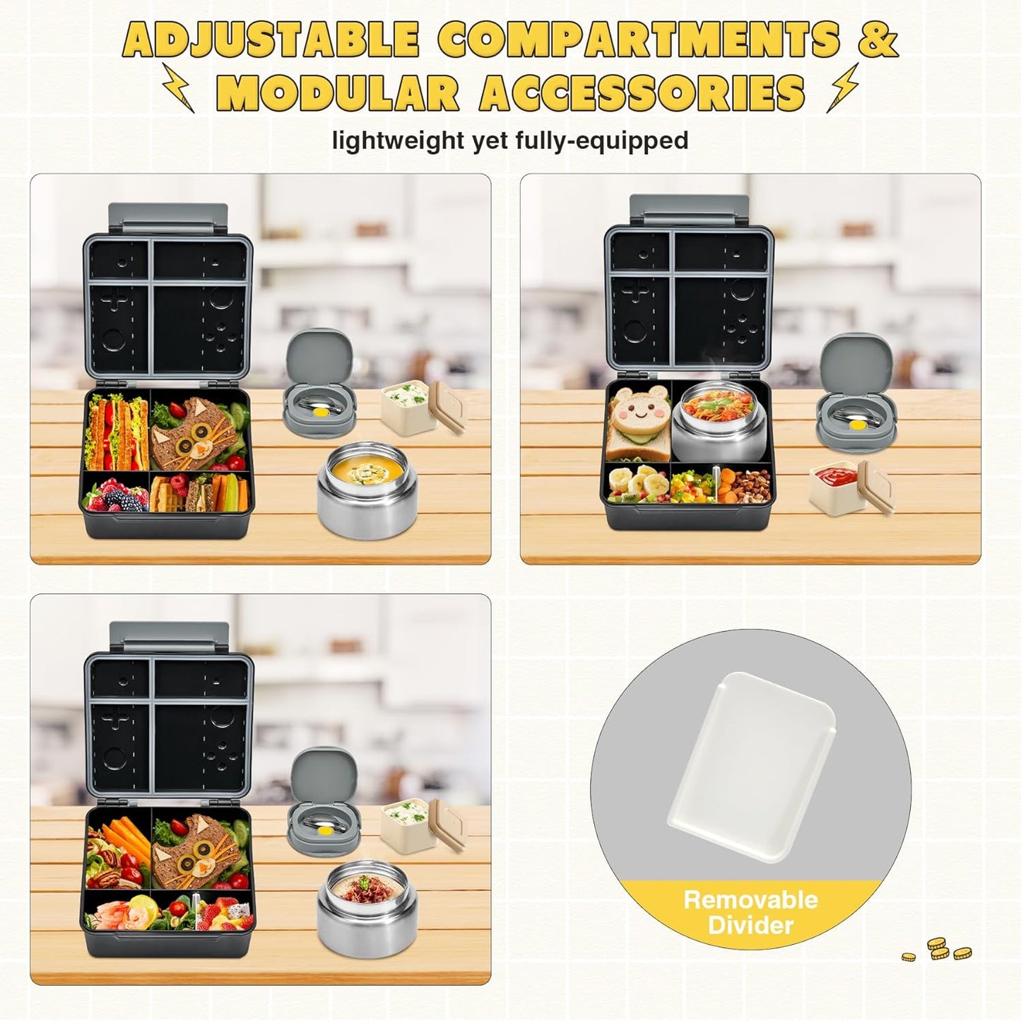 Game Bento Box for Kids, Lunch Box with Thermo(9oz Food Jar), Folding Spoon, Removable Divider & Sauce Cup, Lunch Box Kids for School,Travel, BPA-Free & Realistic Shape(Grey)