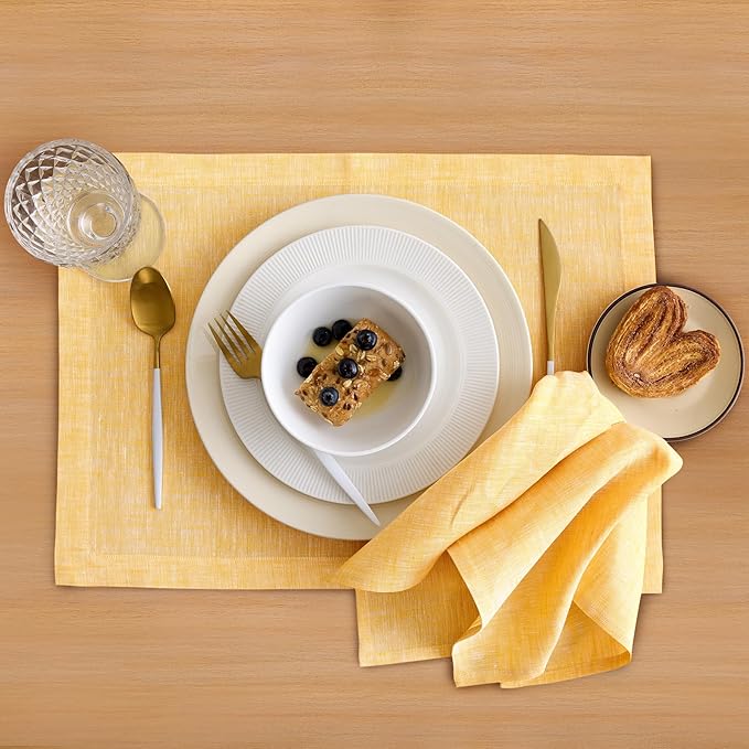 Solino Home Linen Placemats Set of 4-100% Pure Linen Chambray Mustard Yellow Cloth Placemats 14 x 19 Inch - Athena