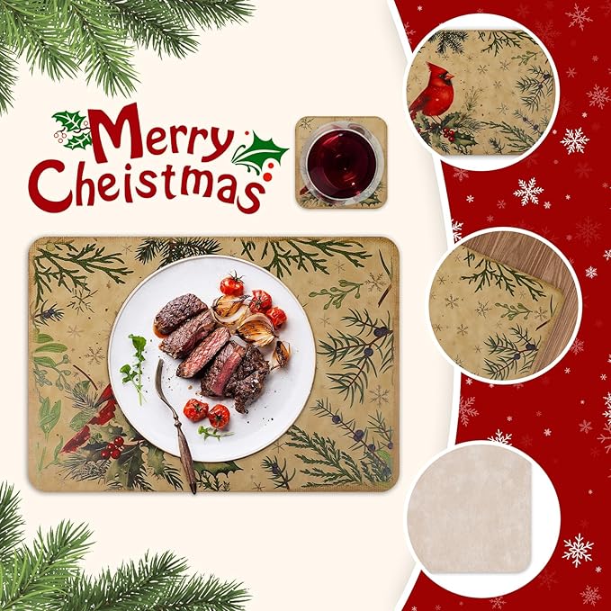 Le courant 16.9in 6PACK Christmas Bird Placemats with 6 Coasters, Reversible Faux Leather Easy Clean Waterproof Stain Resistant Place Mats, for Home Party Dining Holiday Table Decor