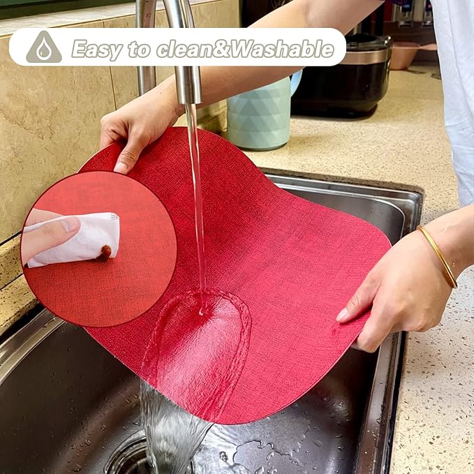 Red Placemats Set of 6 Oval,Waterproof Faux Leather Placemat Reversible,Heat Resistant Anti Slip Washable Table Placemats for Dining Table,Modern Table Protectors