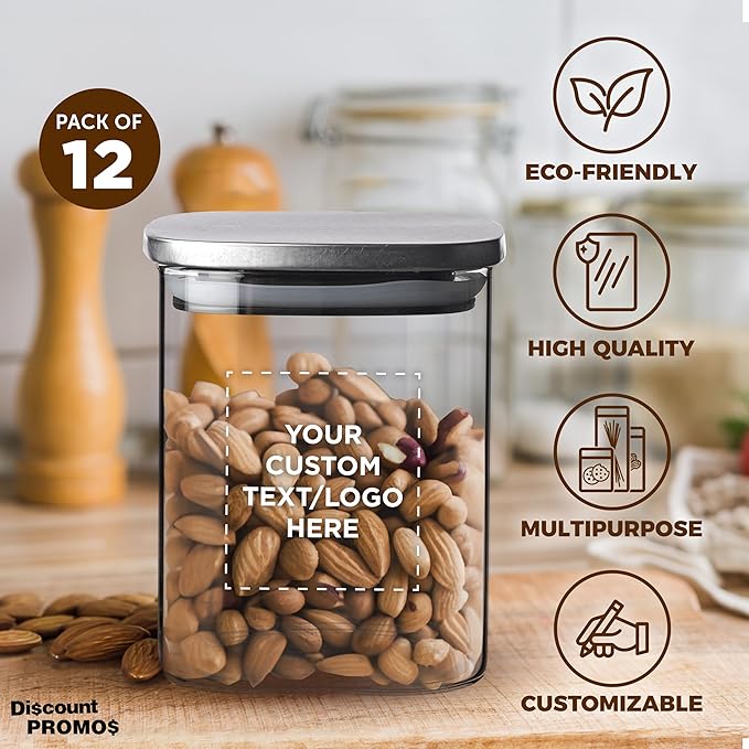 DISCOUNT PROMOS Custom Branson 30 oz. Square Storage Jars Set of 12, Personalized Bulk Pack - Durable Kitchen Organization, Home Decor Essentials, Food Storage Solutions - Clear