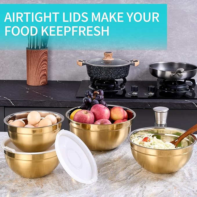 4 Piece Gold Mixing Bowls With Lids for Kitchen, Stainless Steel Set Ideal for Baking, Prepping, Cooking and Serving Food, Nesting Metal Bowls for Space Saving Storage