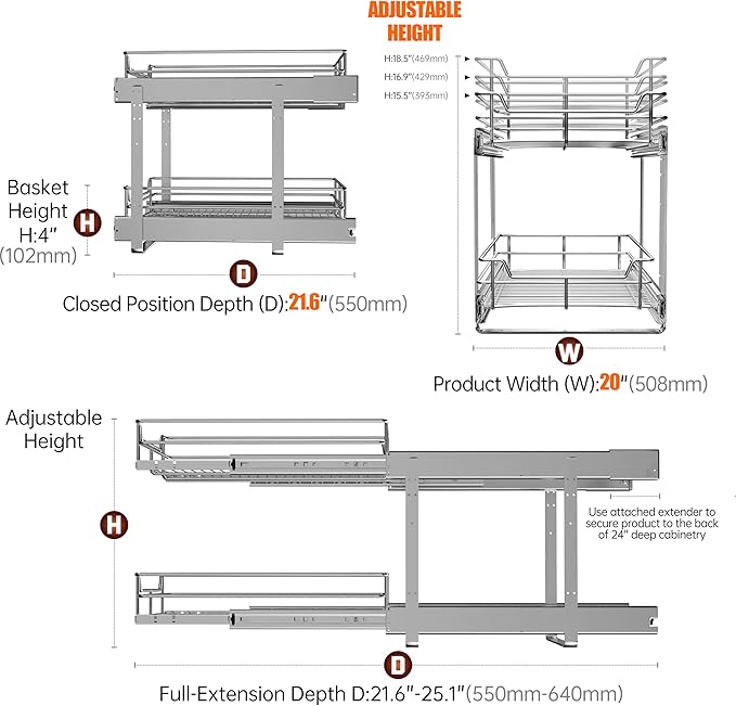2-Tier Cabinet Pull Out Shelves (20" W x 22" D), Slide Out Shelves for Kitchen Cabinets, Metal Pots and Pans Organizer for Under Cabinet