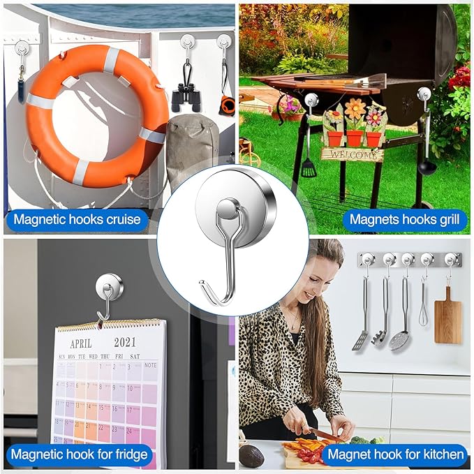 LOVIMAG Hooks, 110lbs+ Magnetic Magnet Hook 2025 Cruise Cabin Ship Essentials Heavy Duty Strong Refrigerator Fridge Hanging for Classroom Beach Vacation Kitchen Grills Home Mug Hanger (6 Pack), Silver