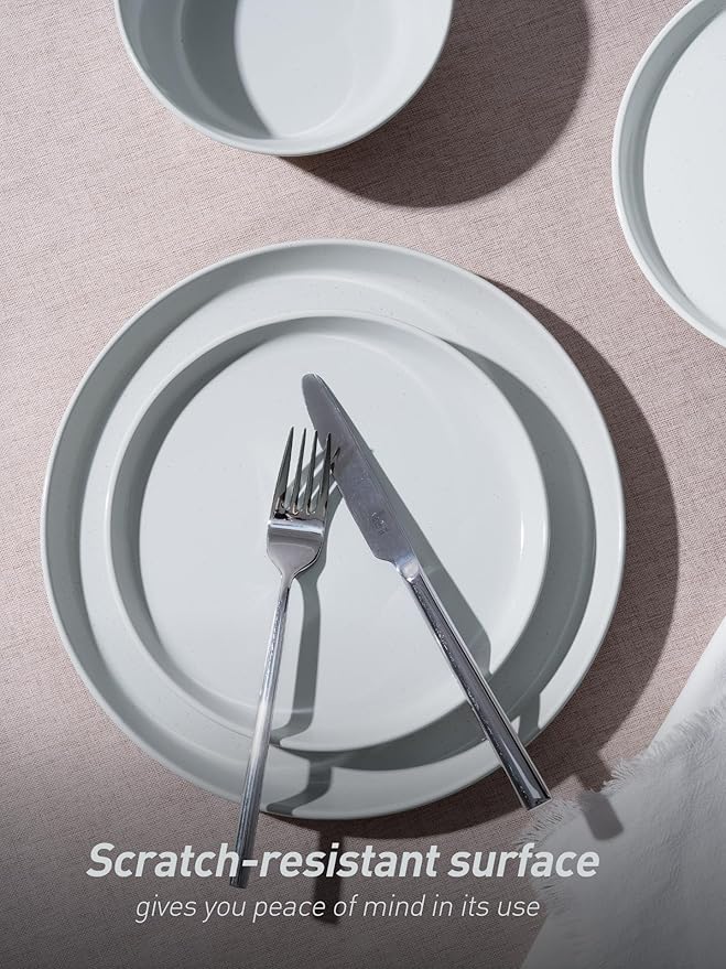 Famiware Saturn Speckled Dinnerware Sets for 6 (18 Pieces), Stoneware Plates and Bowls Dish Set - Chip and Scratch Resistant, Microwave and Dishwasher Safe, Light Gray
