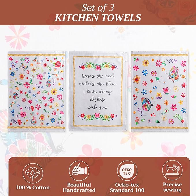 Maison d' Hermine Kitchen Towels Set of 3 100% Cotton 27.50" x 20" Reusable Cloth Tea Dish Towels Absorbent with Hanging Loop for Kitchen, Cocktail Parties Spring/Summer (Happy Florals - Sweety)