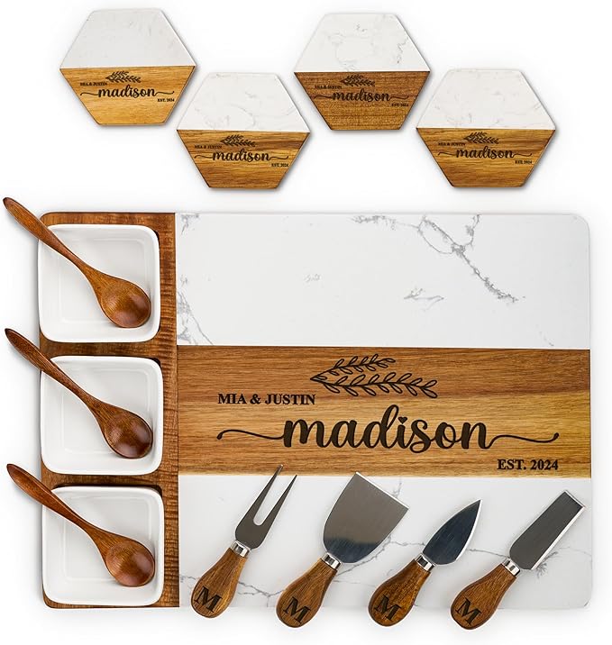 AWESOMETIK Personalized Marble & Acacia Wood Cheese Board – Custom Engraved Charcuterie Board with Knife Set – Gift for Couples