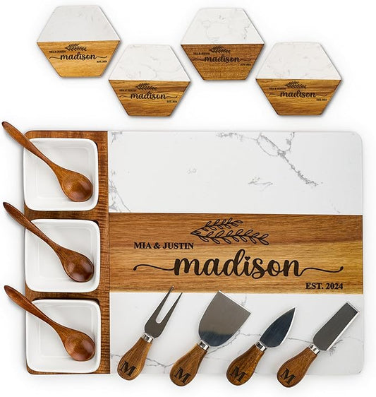 AWESOMETIK Personalized Marble & Acacia Wood Cheese Board – Custom Engraved Charcuterie Board with Knife Set – Gift for Couples