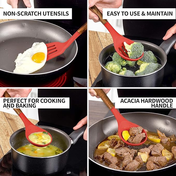 Zulay Kitchen Utensils Set Non-Stick Silicone Cooking Utensils Set with Authentic Acacia Wood Handles - 5 Piece Silicone Utensil Set - Kitchen Utensils Set with 464°F Heat Resistance - Red