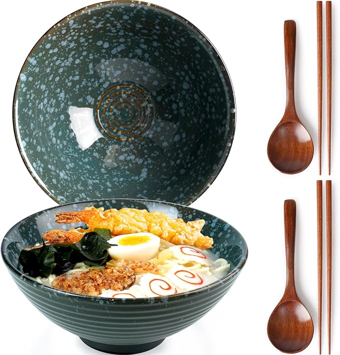 NUTRIUPS 8 Inch Ceramic Ramen Bowl Set of 2 Pho Bowls Japanese Noodle Udon Soup Bowls with Spoons and Chopsticks (Emerald)
