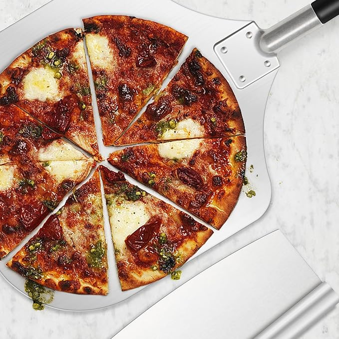 Leonyo 12IN Pizza Peel with Cutter, Aluminum Pizza Turning Peel Spatula Paddle in Long Adjustable Handle with Cutter Rocker(Extent Length 38.5IN to 49IN)