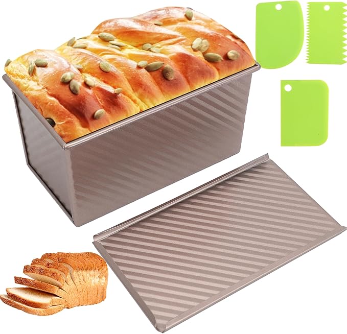Bread Pan, 13 * 5inch Aluminized Steel Non-Stick Rectangle Pullman Loaf Pan with Lid, Long Sourdough Bread Loaf Pan for Homemade, Deep Bread Tin with Dough Scraper Cutter