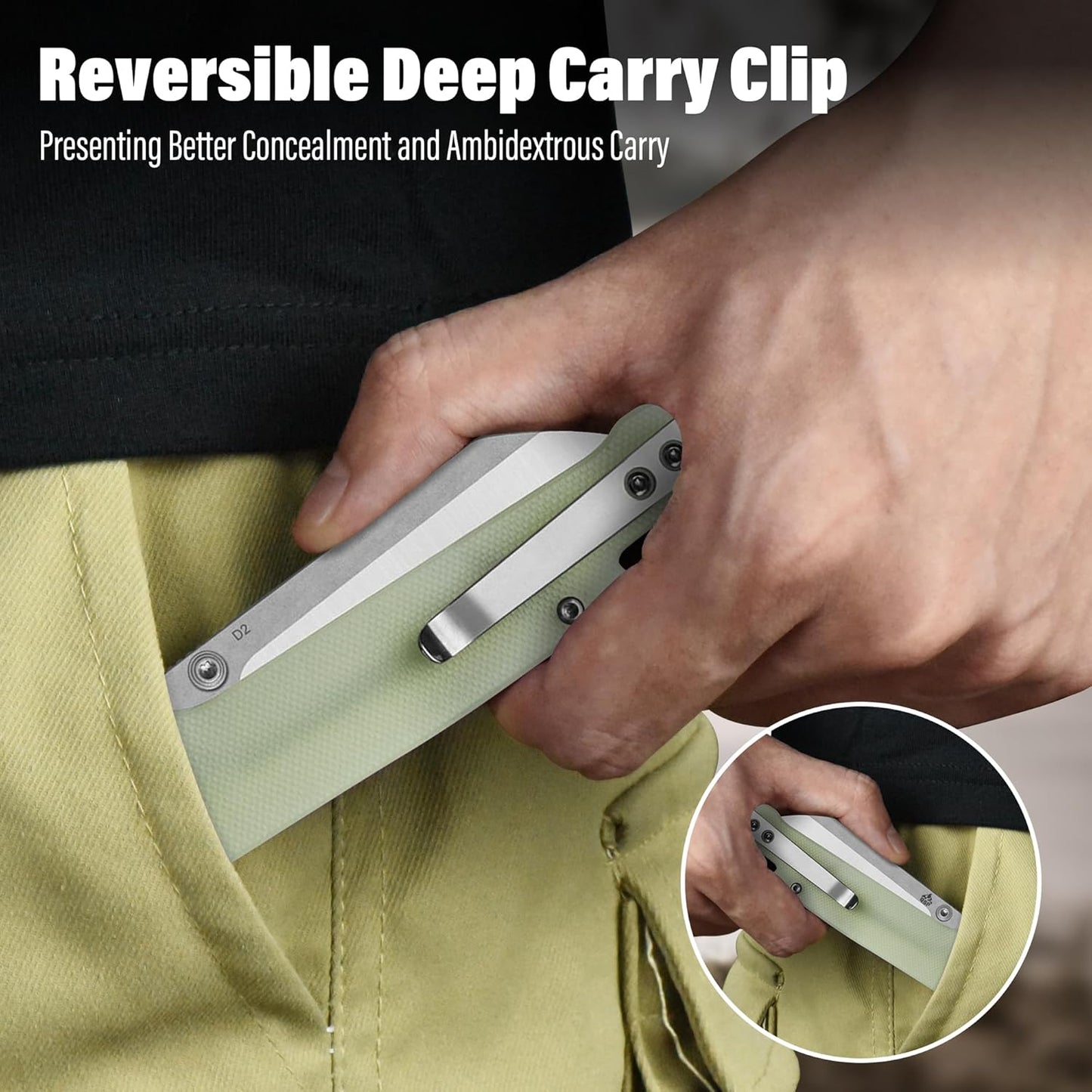 QSP Penguin V2 Folding Pocket Knife, 3.06" D2 Two Tone Finish Stonewash Satin Blade EDC Knife, Jade G10 Handle, Liner Lock, Ceramic Ball Bearings, Reversible SS Deep Carry Clip