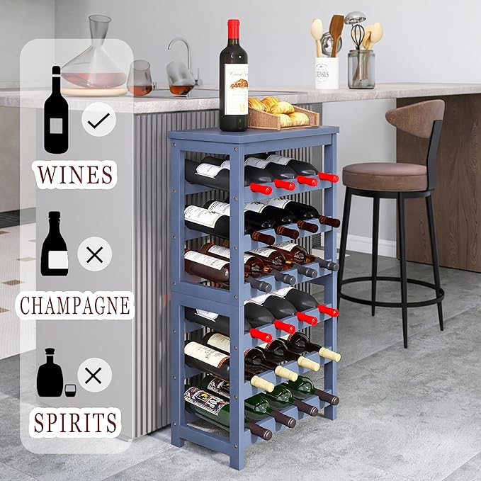 Wine Rack, 6 Tier 24 Bottles Bamboo Wine Organizer Holder, Floor Freestanding Wobble-Free Wine Display Storage Shelf for Kitchen with Tabletop, Grey