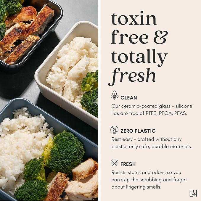 Ceramic Coated Glass Food Storage Container | No PTFE, PFOA, PFAS, and BPA | Reusable Non Toxic Meal Prep Container with Glass Lid | Easy To Store | 11 Cup Rectangle [Onyx]