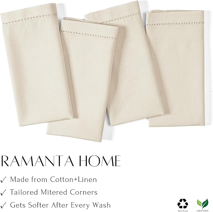 Ramanta Home Cloth Dinner Napkins in Cotton Flax Fabric with Hemstitched & Tailored Mitered Corner Finish Size 20x20 inch Set of 12