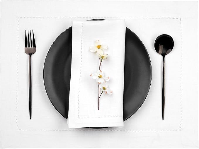 D'Moksha Homes White Linen Placemats Set of 4 - Classic Hemstitch Placemats 14 x 19 Inch - 100% Pure Linen Table Mats for Fall, Thanksgiving, Christmas, Holiday - Handcrafted and Machine Washable