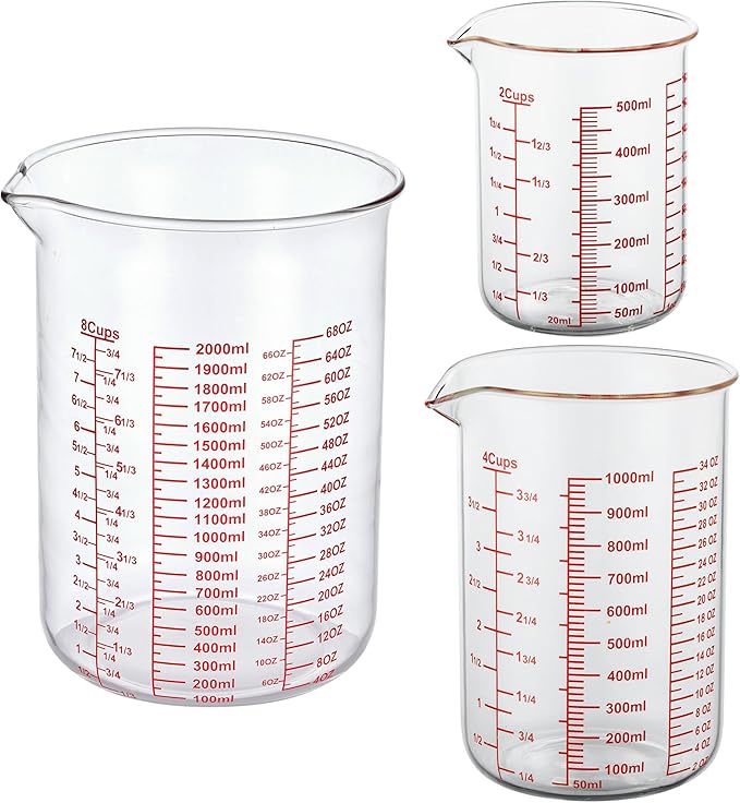 3 Piece Glass Measuring Cup Set, Includes 2-Cup, 4-Cup, and 8-Cup High Borosilicate Glasss Liquid Measuring Cups, Dishwasher, Freezer, Microwave, and Preheated Oven Safe, Essential Kitchen Tools