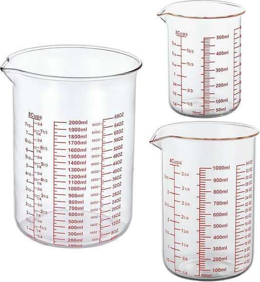 3 Piece Glass Measuring Cup Set, Includes 2-Cup, 4-Cup, and 8-Cup High Borosilicate Glasss Liquid Measuring Cups, Dishwasher, Freezer, Microwave, and Preheated Oven Safe, Essential Kitchen Tools