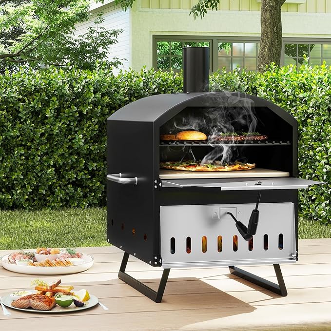 Happygrill Pizza Oven Outdoor, 16” 2-Layer Wood Fired Pizza Maker with Stone, Peel & Grill Racks, Portable Burning Stove with Folding Legs and Cover for Camping Patio Backyard BBQ