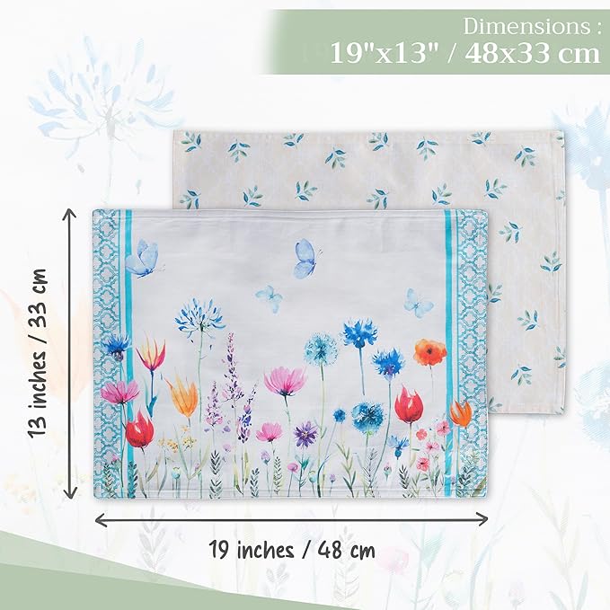 Maison d' Hermine Placemats Set of 4 100% Cotton Washable Cloth Place Mats, Reusable Table Mats for Kitchen Dining Decoration, Party, Wedding, Restaurant Spring/Summer (Flower In The Field, 13" x 19")
