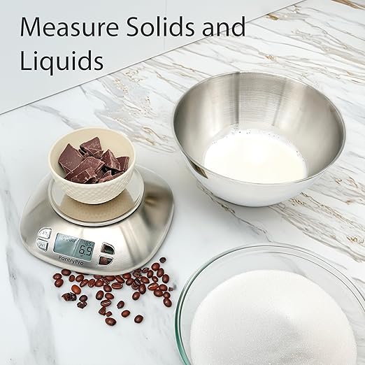 Stainless Steel Digital Kitchen Scale w. Bowl - for Food Coffee Lab - LCD Display gram Ounces lb:oz lb ml - 12 LBS/5.5 KG Capacity - Battery Included - Gold by The Display Guys