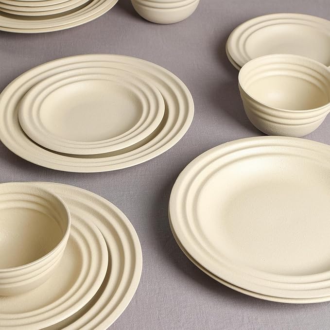 Stone Lain Zen Stoneware 12-Piece Dinnerware Set, Service for 4, Beige, Includes Salad -, Dinner Plates & Bowls, Textured Sand Finish, Microwave & Dishwasher Safe