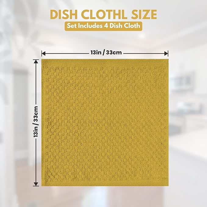 Infinitee Xclusives Premium Dish Cloth 100% Cotton 12 x 12 Inches |Pack of 4|-Ultra Soft Tea Towels - Highly Absorbent Kitchen Rags-Terry Dishcloth for Kitchen and Household Cleaning |Radiant Yellow|