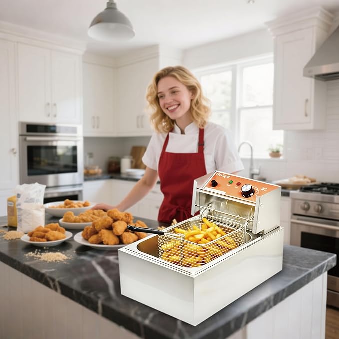 Commercial Deep Fryer with Basket 6-12L Capacity Adjustable Temperature and Timer Stainless Steel With lid Suitable for home/commercial/camping/outdoor (Single fry basket + machine-8lbs)