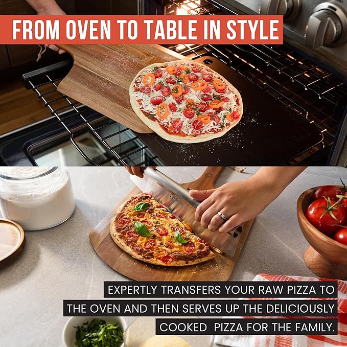 Chef Pomodoro 12-inch Acacia Pizza Peel, Wooden Pizza Peel 12 Inch, Homemade Wood Pizza Peel, Pizza Peel with Handle, Pizza Oven Accessories, Spatula Gourmet