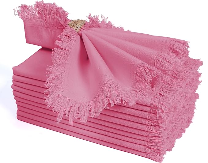 Bedding Craft Cotton Cloth Dinner Napkins Set of 12 – 18x18 Baby Pink with Frayed Selvedge Edges – Reusable Machine Washable Fabric Napkins for Weddings, Baby Showers, Parties & Dining