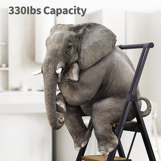 HillhutApex 3 Step Foldable Aluminum Step Ladder with Handgrip, Anti-Slip Wide Pedal, 330 lbs Capacity, Lightweight & Portable for Home, Kitchen, Office (Black & Woodgrain)